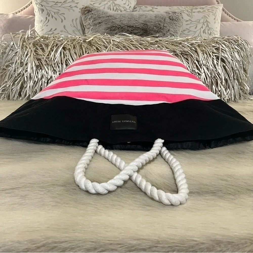 VICTORIA’S SECRET Beach Bag LARGE 2 Rope Handles Canvas Tote Black Pink Striped